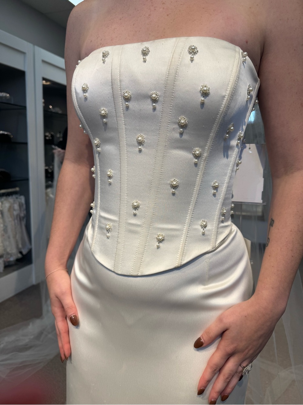 Willowby by Watters Ivory Riviera Strapless Pearl-Embellished Corset Gown